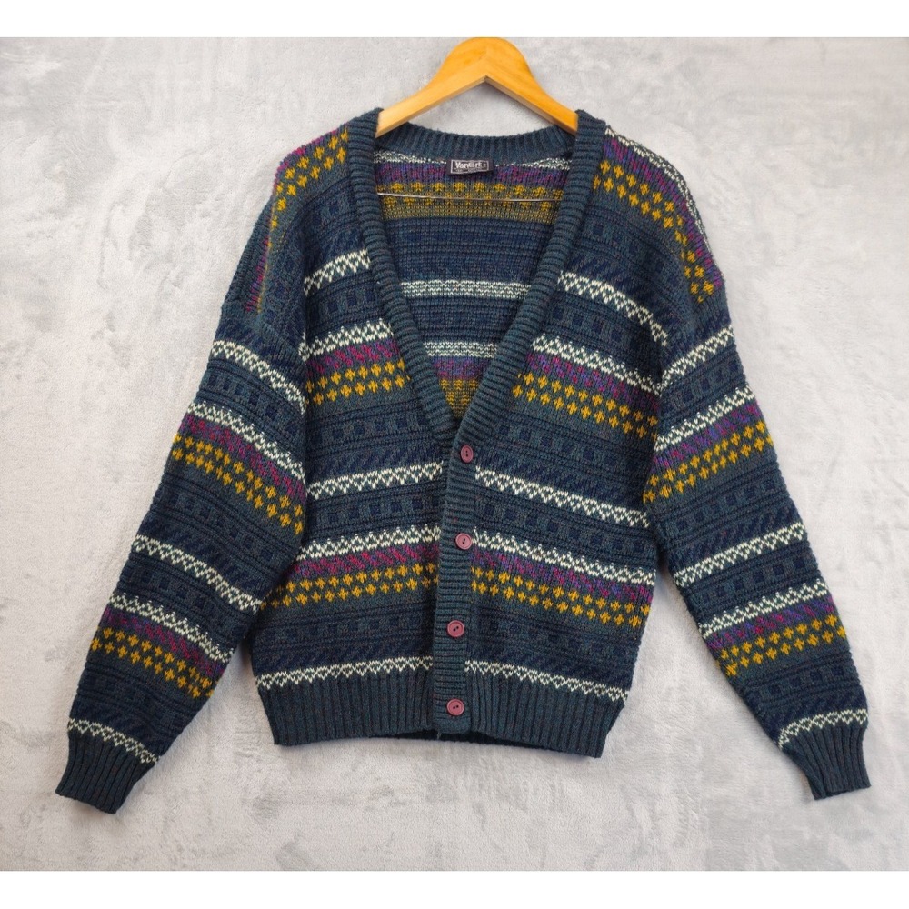 Van Cort Vintage 80s 90s Fair Isle Geometric Stripe Grandpa Knit Cardigan Medium